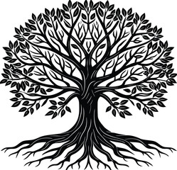 Obraz premium Black and white vector tree silhouette with leaves, branches, and roots, perfect for nature-inspired designs and illustrations