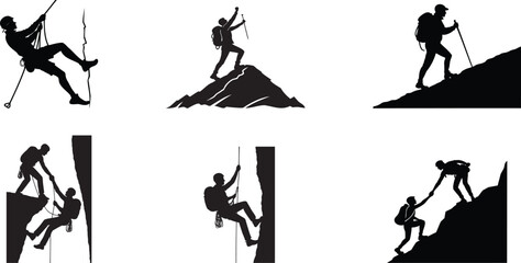 Mountain Climbing Silhouette Set | Hiking, Rappelling & Teamwork Vector Icons