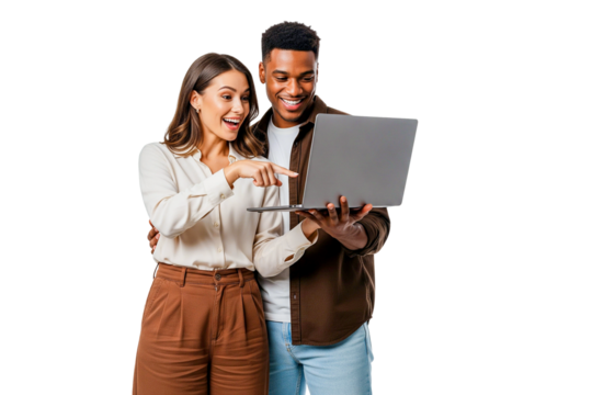 happy couple with laptop isolated on white