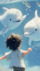 simple illustration of one happy Asian boy looking up at dolphins from behind at aquarium