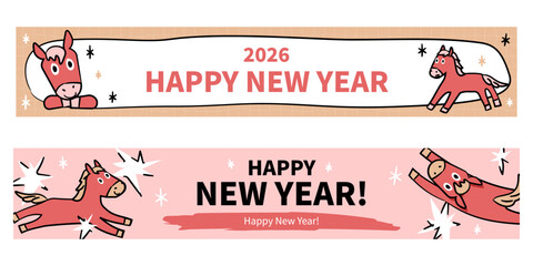 New Year greeting banner design featuring a red horse character