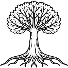 Black vector silhouette of a tree with roots, illustrating nature's life and season's branch design