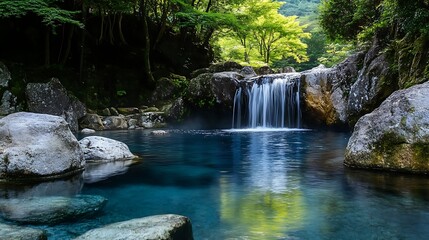 Naklejka premium Gentle waterfall trickling into a secluded blue onsen