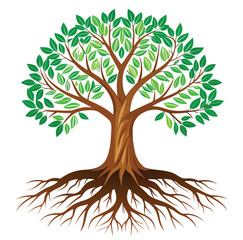 A vibrant vector illustration of a tree silhouette with abundant leaves and strong roots symbolizes nature's growth through spring and autumn seasons