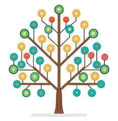 Abstract tree vector illustration: a seamless pattern of green-leafed trees with colorful circles, reflecting a molecular network design and the floral art of nature's connections