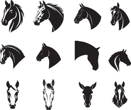 Horse Face Silhouette Bundle Set On White Background, Horse Face black silhouette, horse silhouette, Horse Clip Art, clip art, horse illustrations
