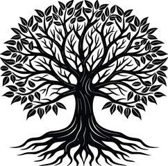 A striking black vector tree silhouette with roots, featuring delicate leaf and bird elements, perfect for nature-inspired design or a unique tattoo