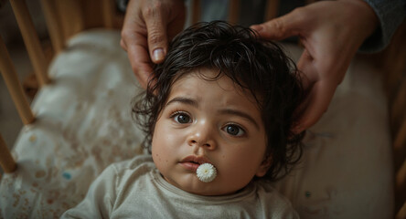 Gentle Baby Care Scene with Hair Brushing and Crib Comfort Moment