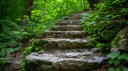 Fototapeta premium Stone Steps Winding Through Lush Green Forest white isolated background : Batch, in high resolution clean minimal style stock photo illustration background image ideal for templates advertisements and