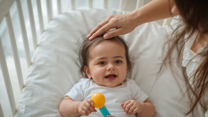 Gentle Baby Care Scene with Hair Brushing and Crib Comfort Moment
