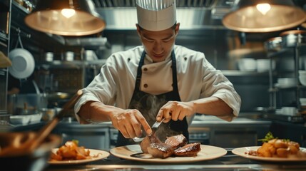 Chef preparing roasted meat dish