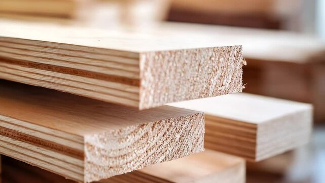 Close-up of stacked wooden planks showing natural grain and texture in a woodworking workshop