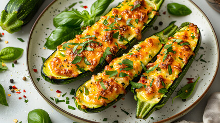 Stuffed Zucchini Boats with Melted Cheese and Fresh Herbs white isolated background : Batch, in high resolution clean minimal style stock photo illustration background image ideal for templates advert