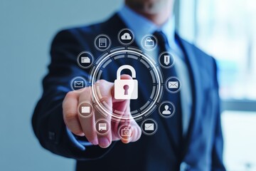 A businessman touches a digital padlock, representing cybersecurity and data protection
