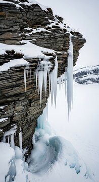 Majestic icicles hang from a snow covered rocky cliff face in a winter landscape