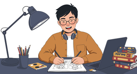 Smiling Cartoon Artist Drawing Comics at Desk.