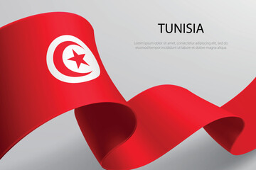 Tunisia Flag Waving Ribbon Design on Light Background