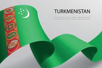 Turkmenistan Flag Waving Ribbon Design on Light Background