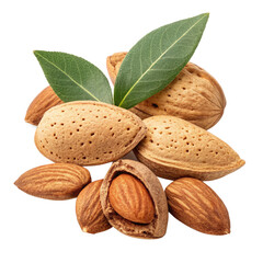 Pile of almonds with green leaves isolated on transparent background for healthy snack