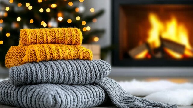 Cozy knitted sweaters stacked near a warm fireplace with festive lights in background