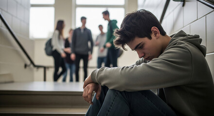 Upset teenager on stairs indoors after being bullied by classmates, classmates blurred in background. Bullying at school