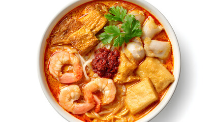 Delicious Bowl of Spicy Noodle Soup with Shrimp, Chicken, and Fresh Herbs in Photorealistic Quality