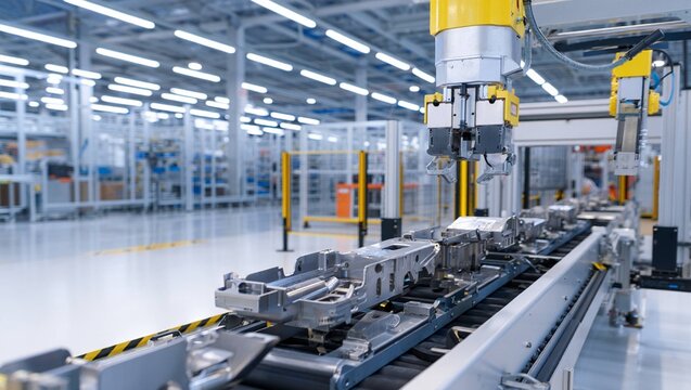 Brazos Rob&oacute;ticos Manipulando Componentes en F&aacute;brica Inteligente y Automatizada