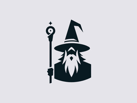 mystical wizard with pointed hat vector logo for magic shops or fantasy books