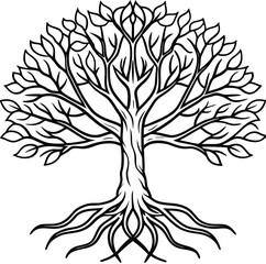 Black and white vector tree silhouette with roots and branches, perfect for nature illustrations and seasonal designs