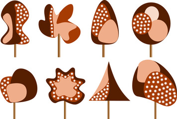 Whimsical vector trees in earthy autumn tones with floral patterns. Perfect for fall-themed designs, rustic decor, seasonal prints, and floral nature illustrations.