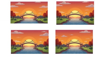 Sunset landscape with bridge over river