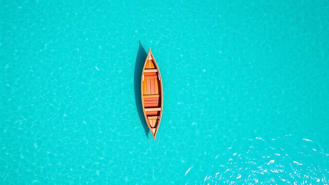 Wooden canoe floating on bright turquoise water aerial view