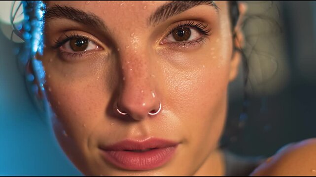 Sweating young female athlete with nose ring, resting after rigorous workout, embodying physical endurance and personal achievement