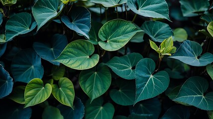 Fototapeta premium Close up shot of a lush green foliage with heart shaped leaves and a new sprout growing upwards in nature