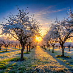 Frost covered trees in golden sunrise winter orchard