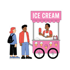People waiting to buy ice cream from a pink ice cream cart with a vendor holding a popsicle in his hand