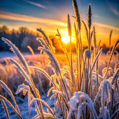 Frosty grass stalks illuminated by golden sunrise golden hour
