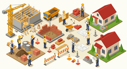 Isometric House Construction Site with Builders and Equipment &ndash; Vector Illustration