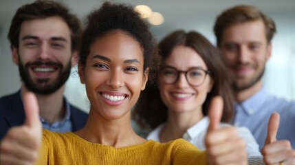 Cheerful Team Thumbs Up: A group of colleagues, brimming with optimism and team spirit, flash enthusiastic thumbs up, a testament to their strong work ethic and shared commitment.