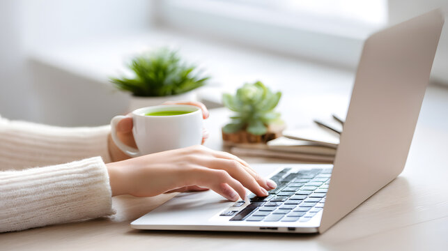 Woman’s hands typing on laptop near coffee and plant. Bright cozy workspace with natural light and minimal setup.