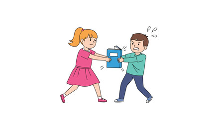 Two young children are pulling a blue box back and forth showing a conflict or disagreement between them over an object