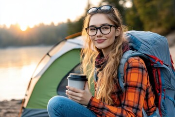 Fototapeta premium Backpacker sitting by a tent, sipping coffee while admiring the sunrise with copy space. Warm early morning lighting. Misty hilltop background. 