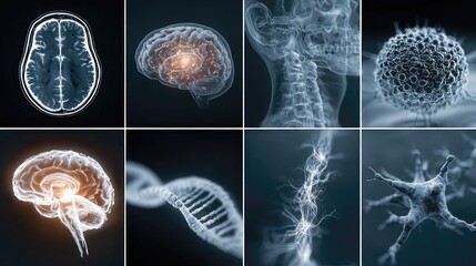 Neurological disease research showcasing brain imaging, neural stimulation devices, biomarker analysis, gene therapy trials, patient registries, and early intervention platforms.
