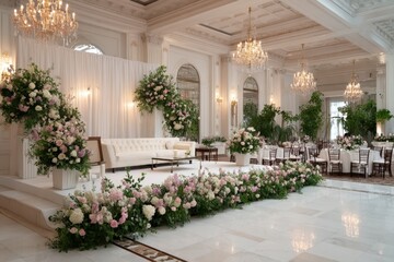 Fototapeta premium Bridal dais with crystal chandeliers and blush pink floral arrangements with copy space. Warm lighting. Luxury wedding hall background. 