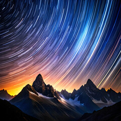 Star trails over jagged peaks mountains snow