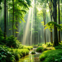 Verdant forest stream sunbeams sunlight trees