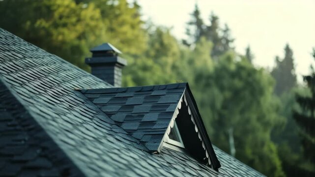 Close-up of a dark gray shingled roof with a small dormer window against a background of green trees and a clear sky