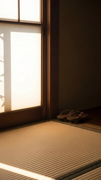 Sunlight Through Shoji Screen Illuminates Tatami Mat and Traditional Footwear