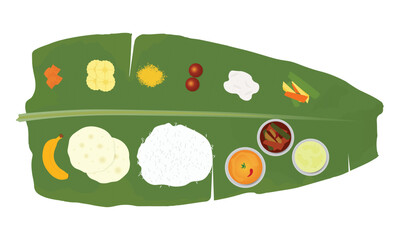 Traditional Onam food illustration. Onam Vishu Pongal Diwali festival vegetarian food Kerala Tamil Nadu South India.