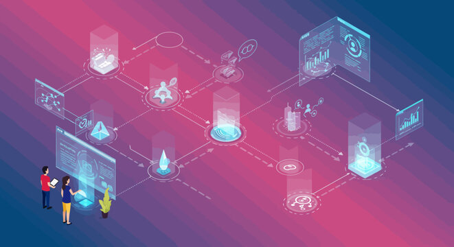 Futuristic Data Flow Diagram with People and Technology.